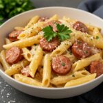 A bowl of Cajun Smoked Sausage Alfredo Pasta topped with parsley and Parmesan, a delicious and creamy meal.