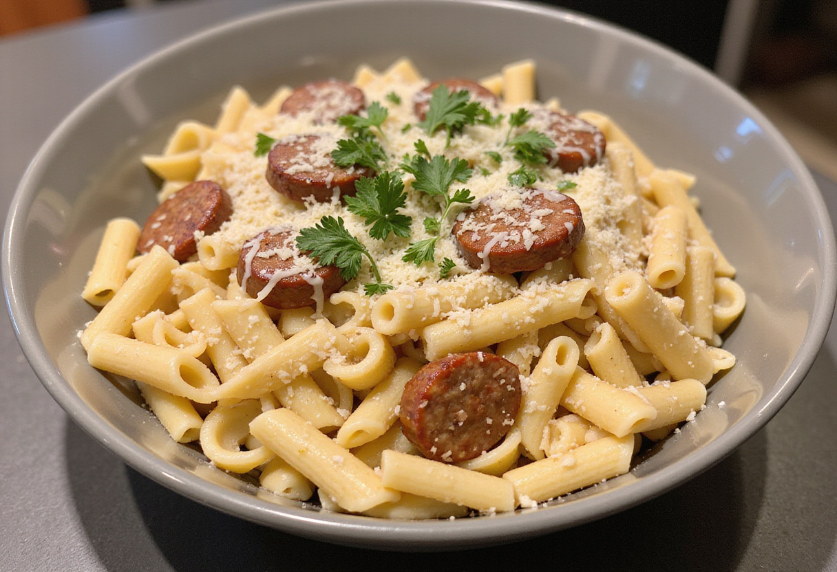 A bowl of Cajun Smoked Sausage Alfredo Pasta topped with parsley and Parmesan, a delicious and creamy meal.