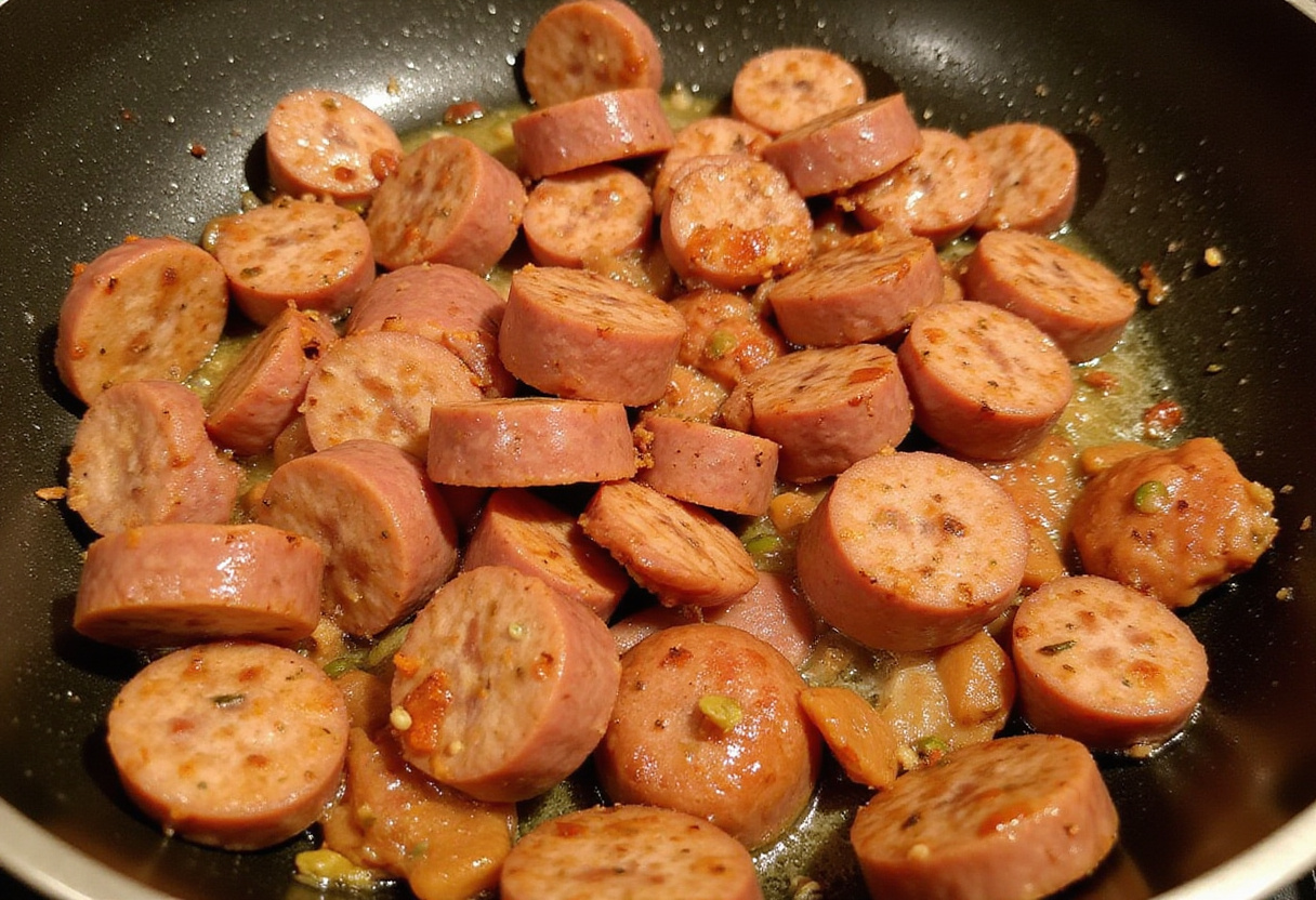 Cajun smoked sausage browning in a skillet, perfect for Cajun Smoked Sausage Alfredo Pasta.