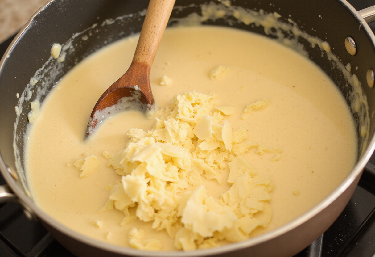 Melted Parmesan cheese being stirred into creamy garlic sauce, enhancing the flavor of Cajun Smoked Sausage Alfredo Pasta.