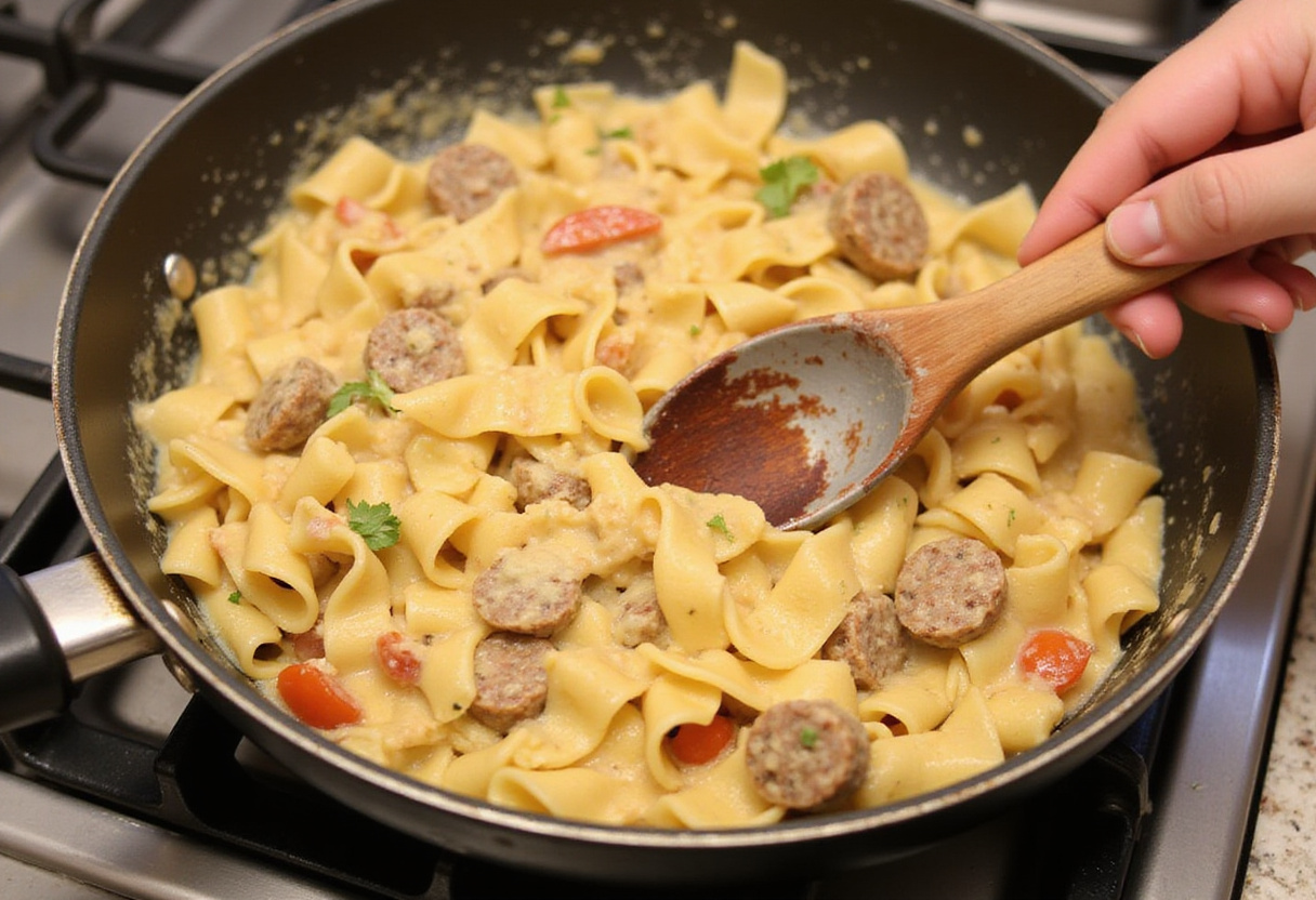 Fettuccine pasta and Cajun sausage being tossed in creamy Alfredo sauce, showcasing the deliciousness of Cajun Smoked Sausage Alfredo Pasta.