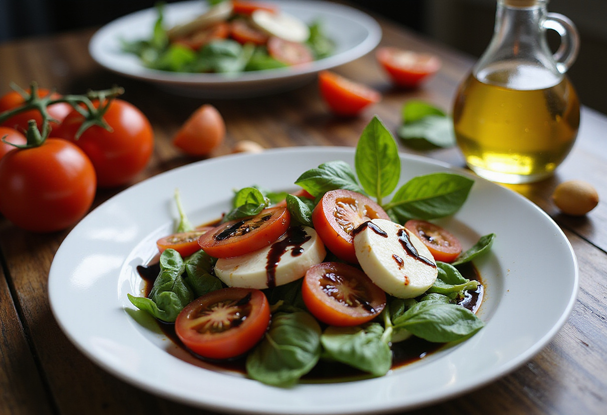 Finished Caprese salad with balsamic glaze served beautifully on a table, highlighting its fresh ingredients.