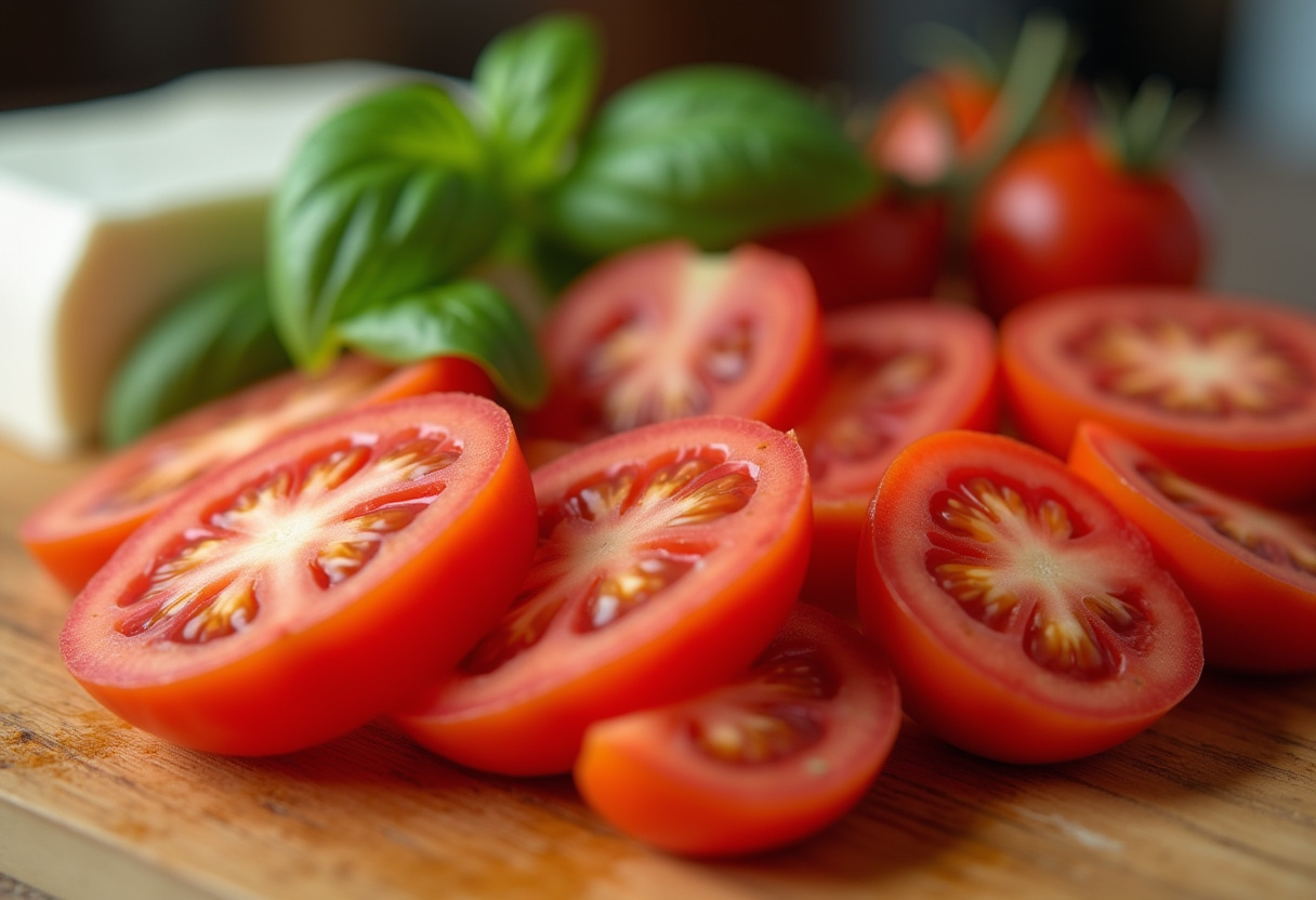 Slicing ripe tomatoes for a fresh Caprese salad made with mozzarella and basil.