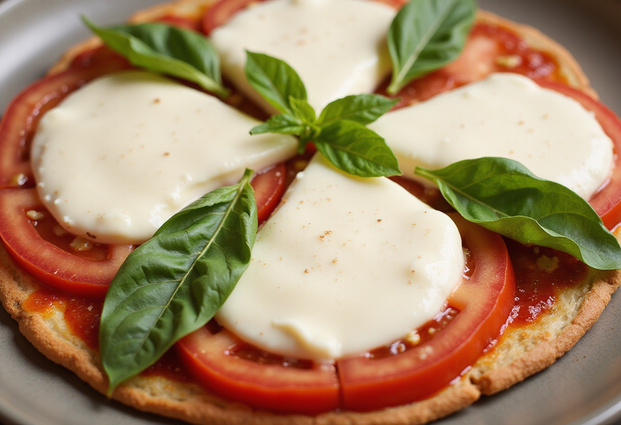 Layering mozzarella and fresh basil on a Caprese salad to enhance flavors and presentation.