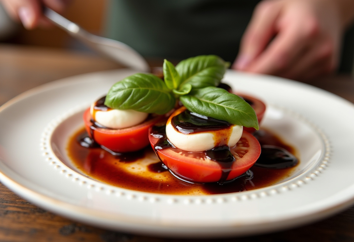 Adding balsamic glaze to a Caprese salad for that perfect finishing touch.
