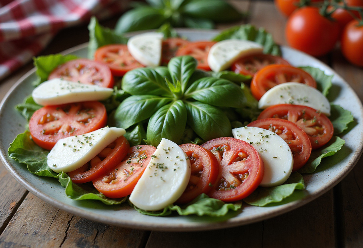 Gorgeous Caprese salad presented with tomatoes, mozzarella, basil, and balsamic glaze all arranged attractively.