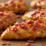 Delicious caramelized bacon and brown sugar chicken tenders, showcasing the perfect crispy texture and rich flavors in a rustic setting.