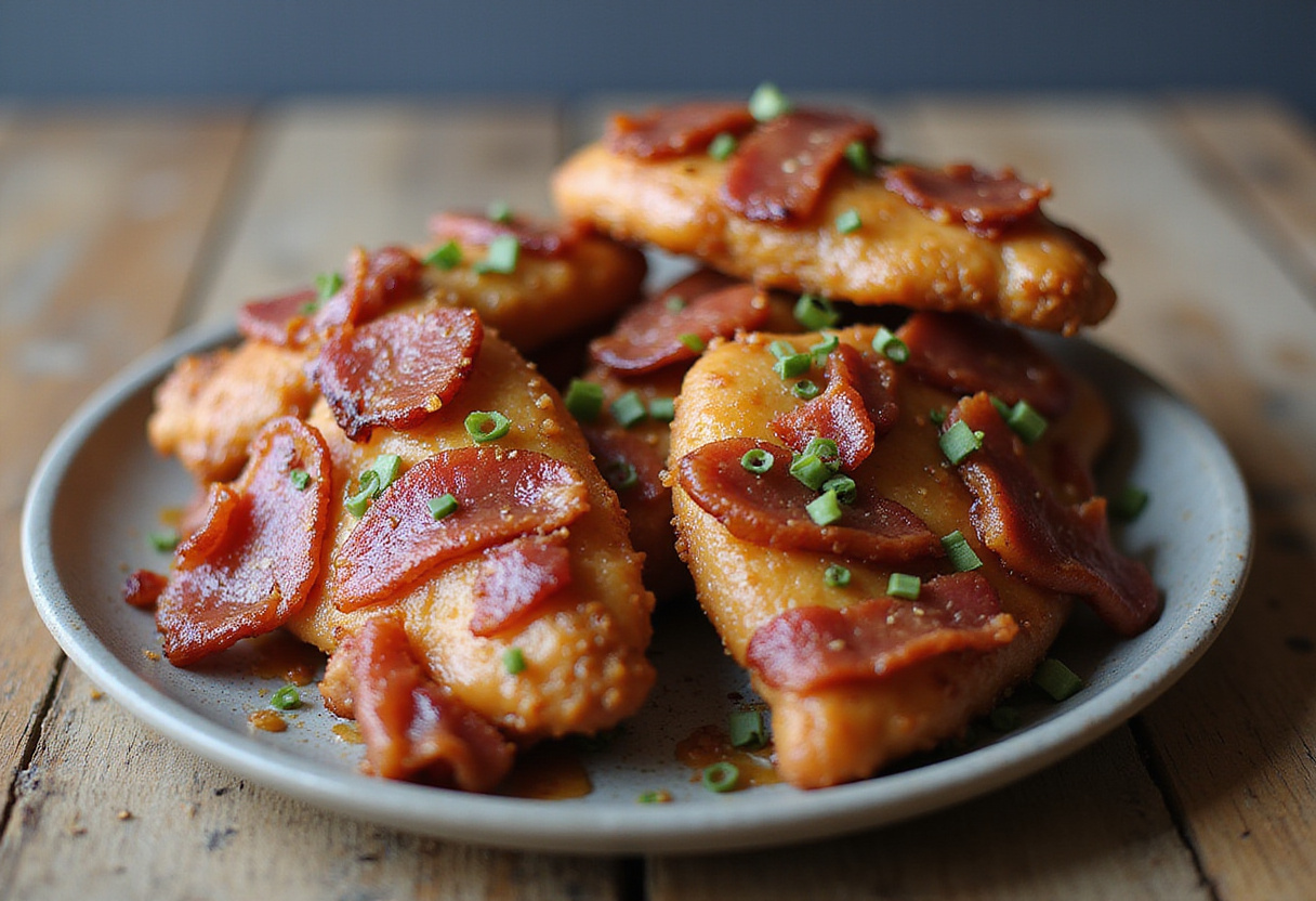 Delicious caramelized bacon and brown sugar chicken tenders, showcasing the perfect crispy texture and rich flavors in a rustic setting.