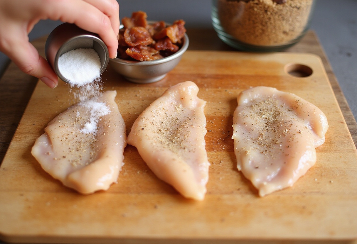 Seasoning chicken tenders for caramelized bacon and brown sugar chicken tenders, flavorful ingredients like brown sugar and bacon in the background.