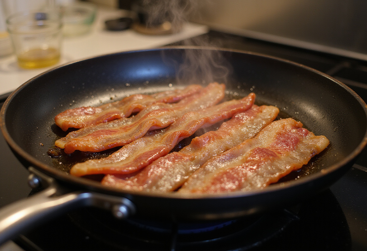 Cooking crispy bacon for caramelized bacon and brown sugar chicken tenders, capturing the sizzling action and tempting aroma.