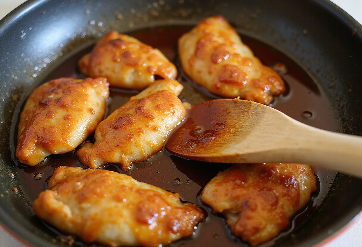 Caramelizing chicken tenders with brown sugar for a deliciously sweet and savory flavor, showcasing the golden glaze as it forms.