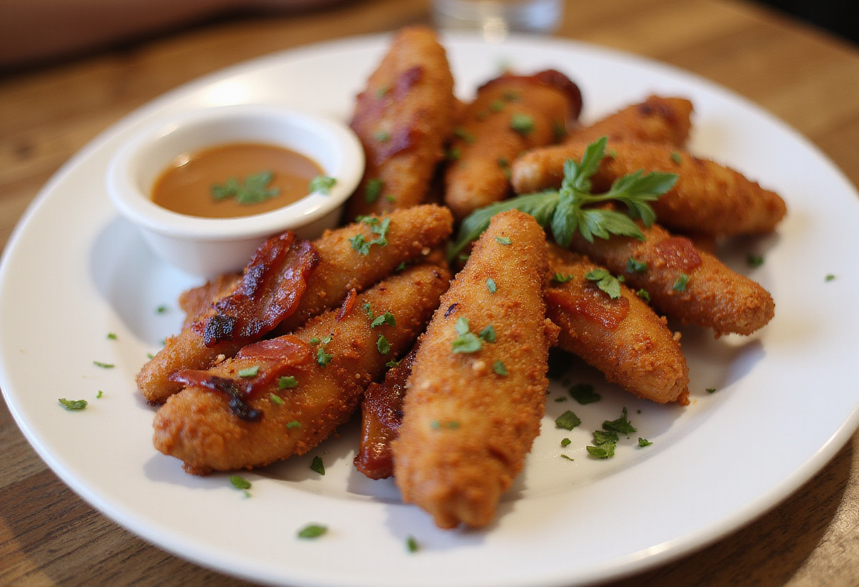 Serving caramelized bacon and brown sugar chicken tenders, beautifully arranged and garnished for a delightful presentation.