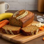 Deliciously baked carrot cake banana bread served on a cutting board, perfect for a homemade treat.