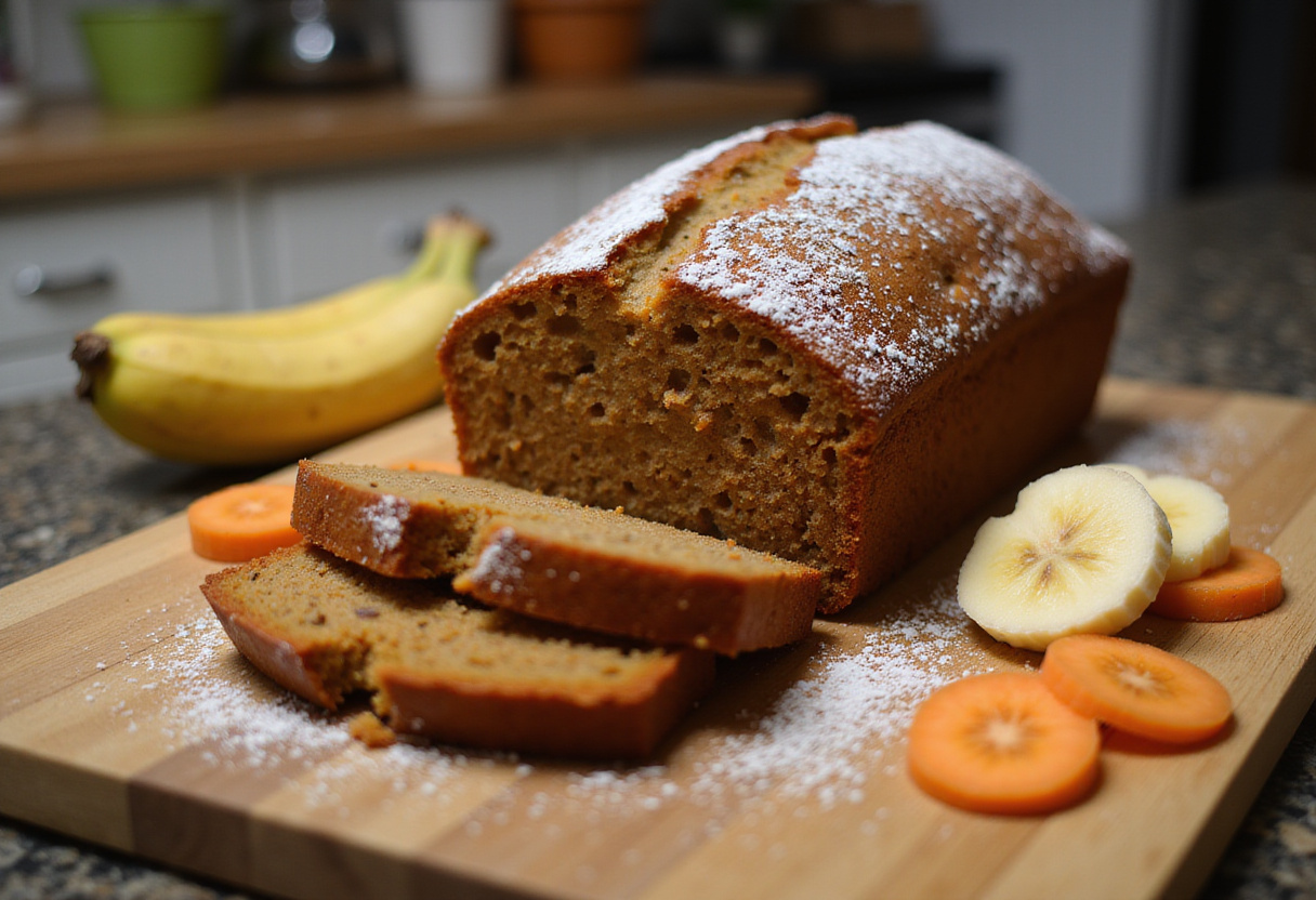 Deliciously baked carrot cake banana bread served on a cutting board, perfect for a homemade treat.