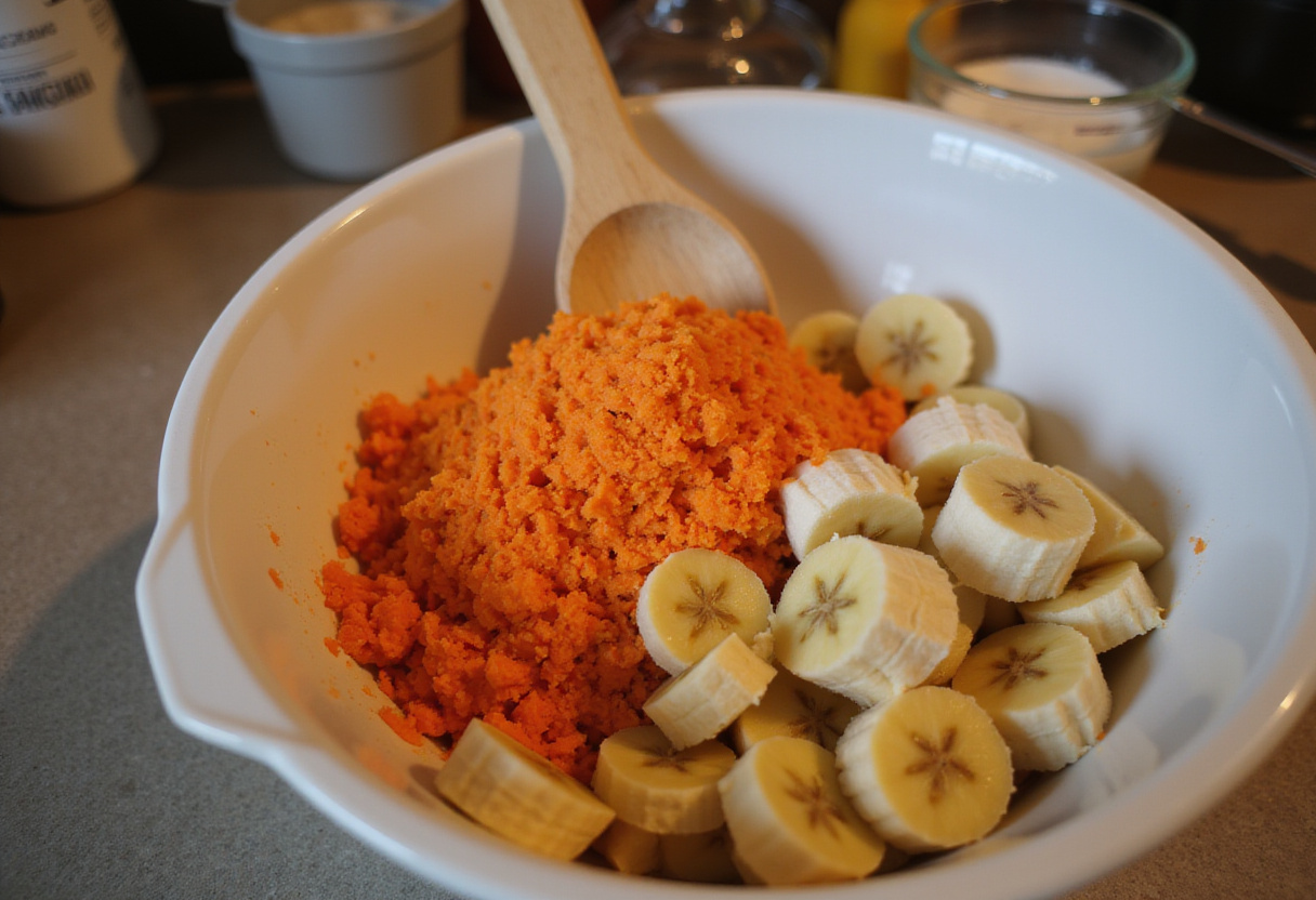 Grated carrots and ripe bananas in a mixing bowl for a delicious carrot cake banana bread recipe.