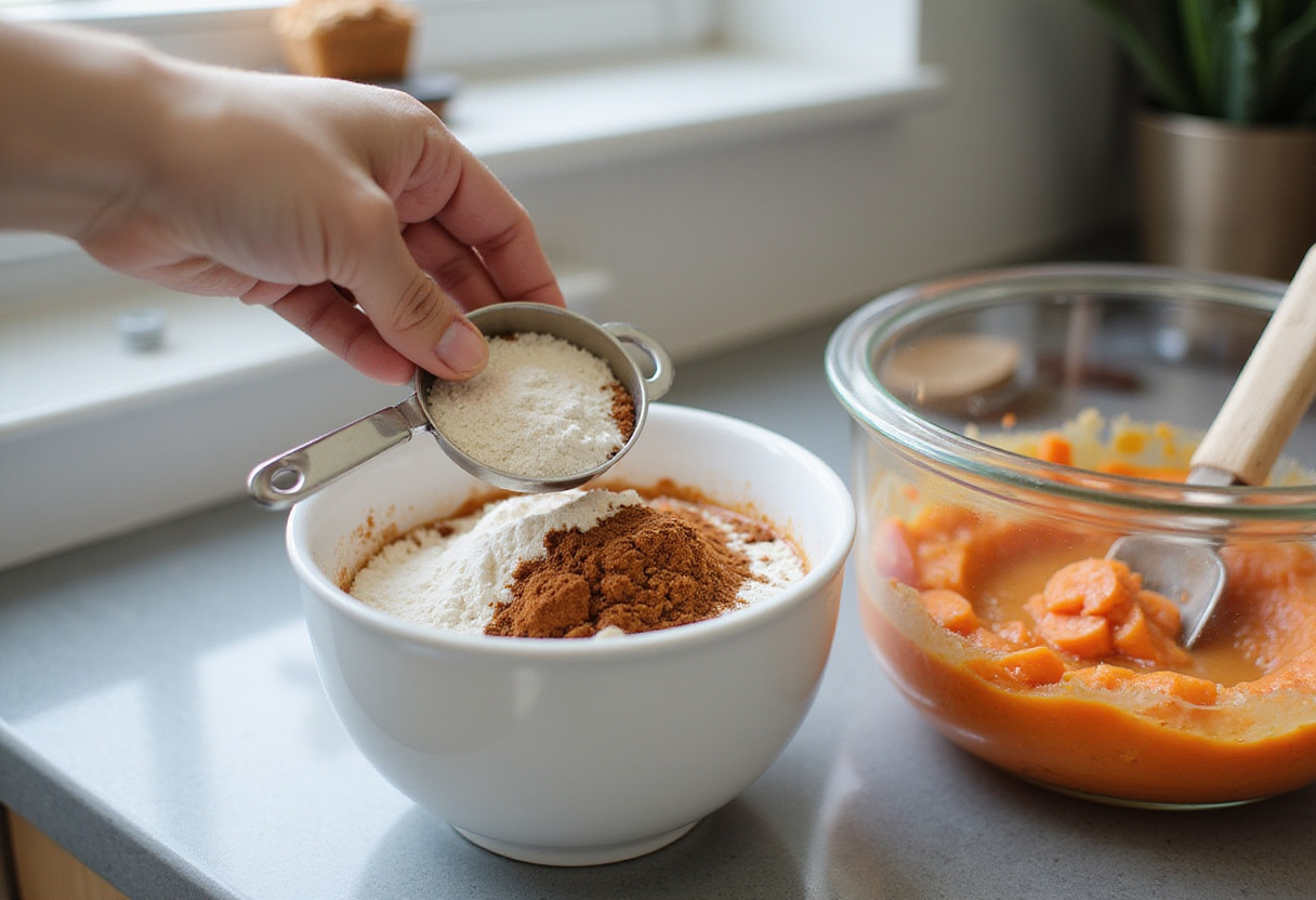 Sifting flour, sugar, and spices for a homemade carrot cake banana bread recipe.