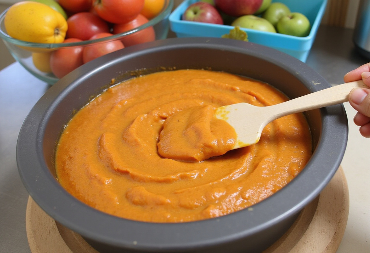 Pouring mixed ingredients into a loaf pan for carrot cake banana bread baking.