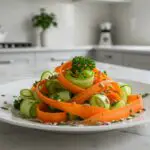 Perfectly arranged Carrot Ribbon Salad ready to be enjoyed, highlighting the salad’s colorful ingredients and healthy appeal.
