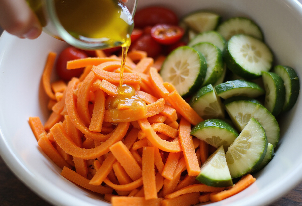 Mixing fresh vegetables for a Carrot Ribbon Salad, featuring crunchy carrot ribbons and a zesty dressing to elevate the flavors.