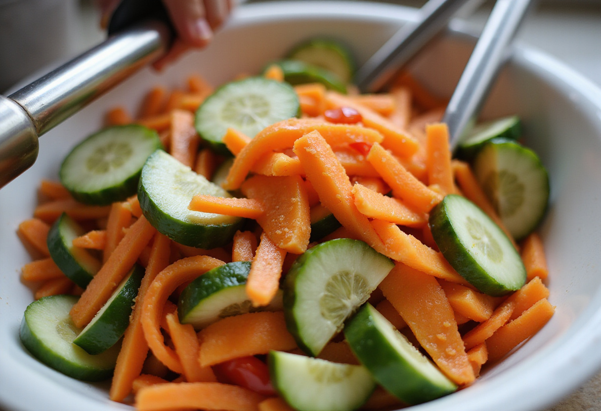 Tossing ingredients for the perfect Carrot Ribbon Salad, ensuring a blend of flavors and textures with vibrant vegetable ribbons.