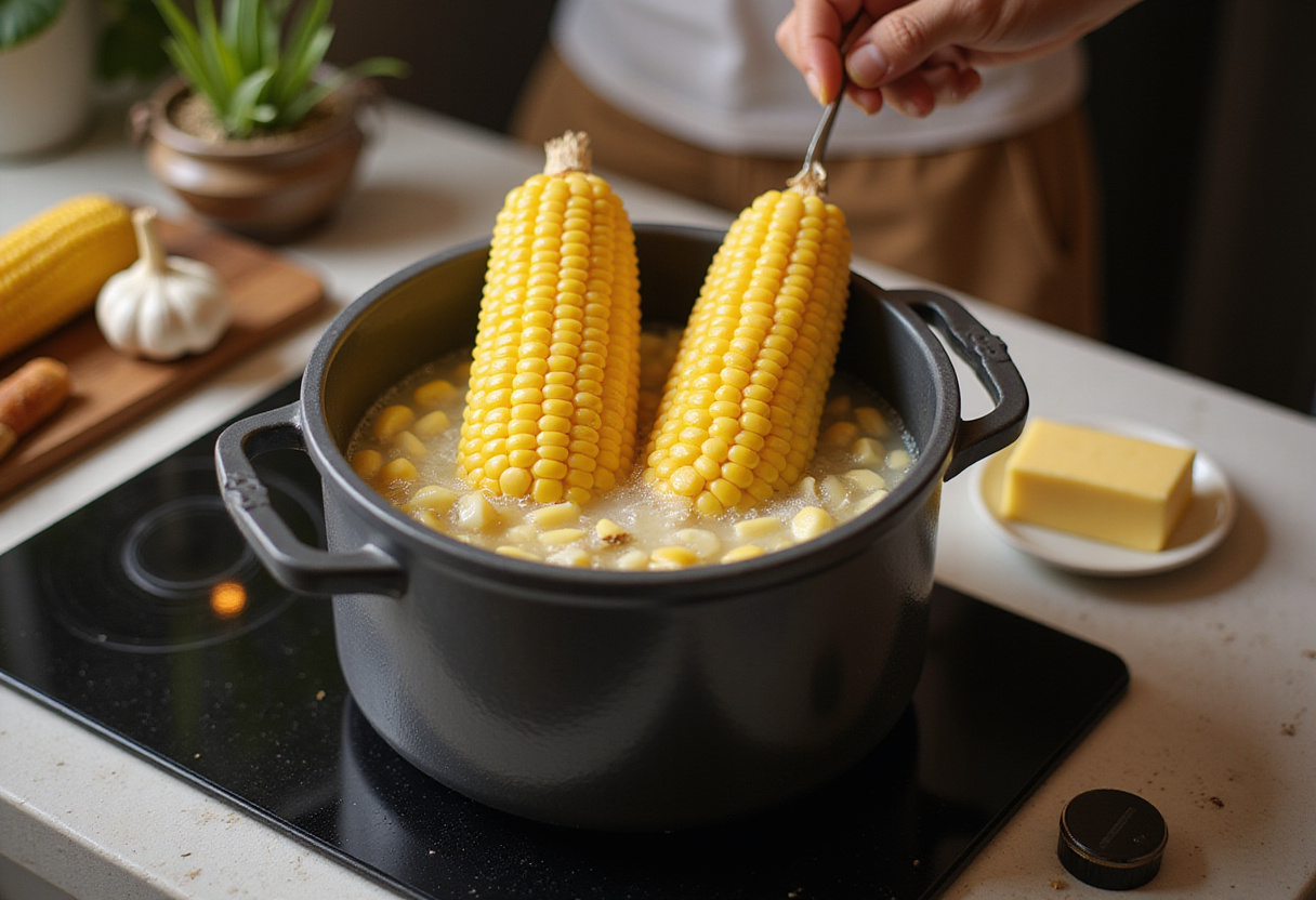 Fresh corn on the cob boiling in water with garlic and butter ingredients in the background for Cheesy Garlic Butter Corn on the Cob.