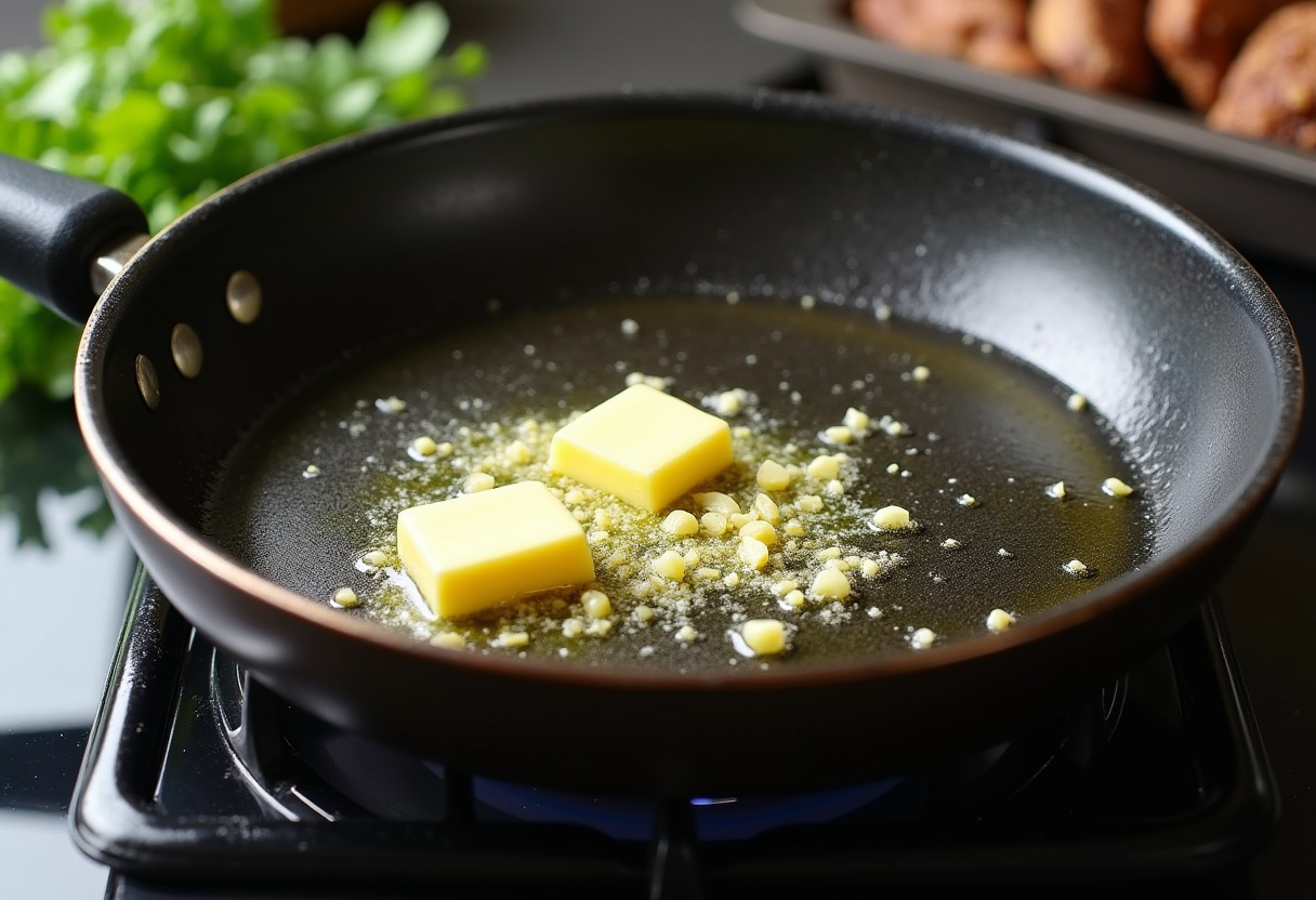Sizzling garlic in melted butter in a pan, preparing to enhance the flavor of Cheesy Garlic Butter Corn on the Cob.