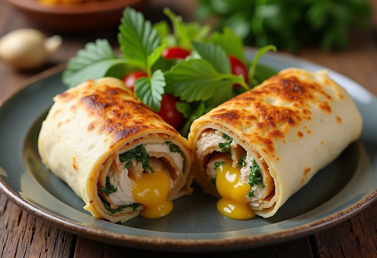 Deliciously presented cheesy garlic chicken wrap, showcasing melted cheese and savory chicken filling, perfect for a tasty meal.