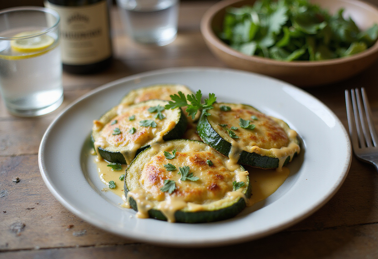 Delicious cheesy garlic zucchini steaks served on a plate, ideal for a scrumptious vegetarian meal that looks as good as it tastes.