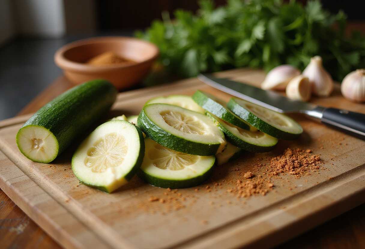 Fresh zucchini steaks being sliced for cheesy garlic zucchini steaks, perfect for a delicious vegetarian dish.