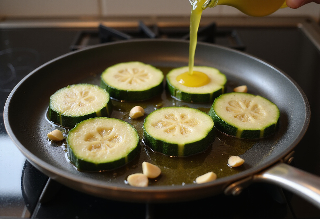 Zucchini steaks sizzling in a hot pan with olive oil and minced garlic, preparing for a flavorful cheesy garlic dish.