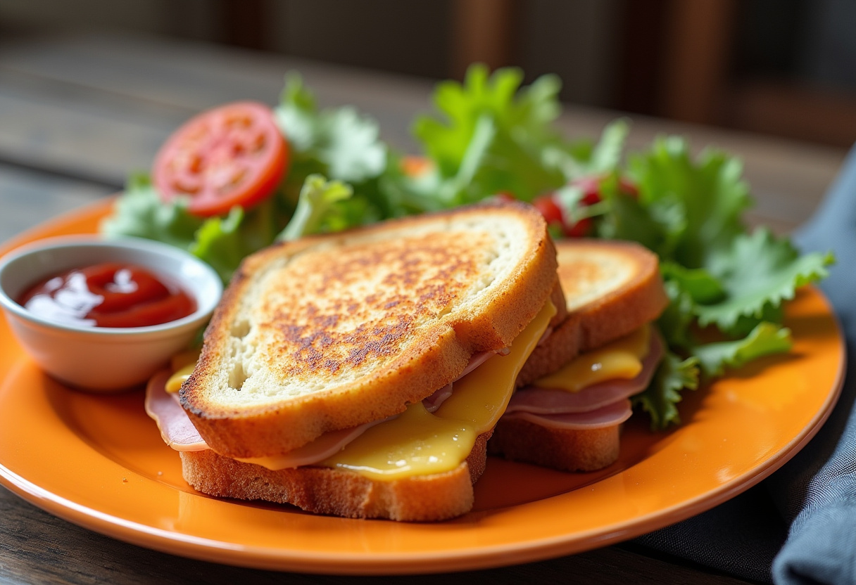 Final delicious cheesy ham toaster sandwich presentation on a plate, ideal for a tasty breakfast or snack.