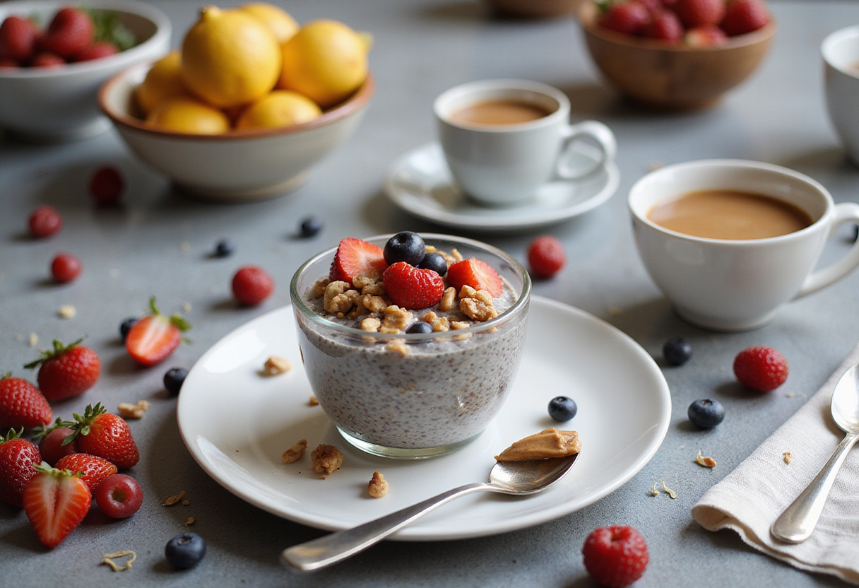 Final presentation of chia pudding with nut butter, a visually appealing and nutritious breakfast option.