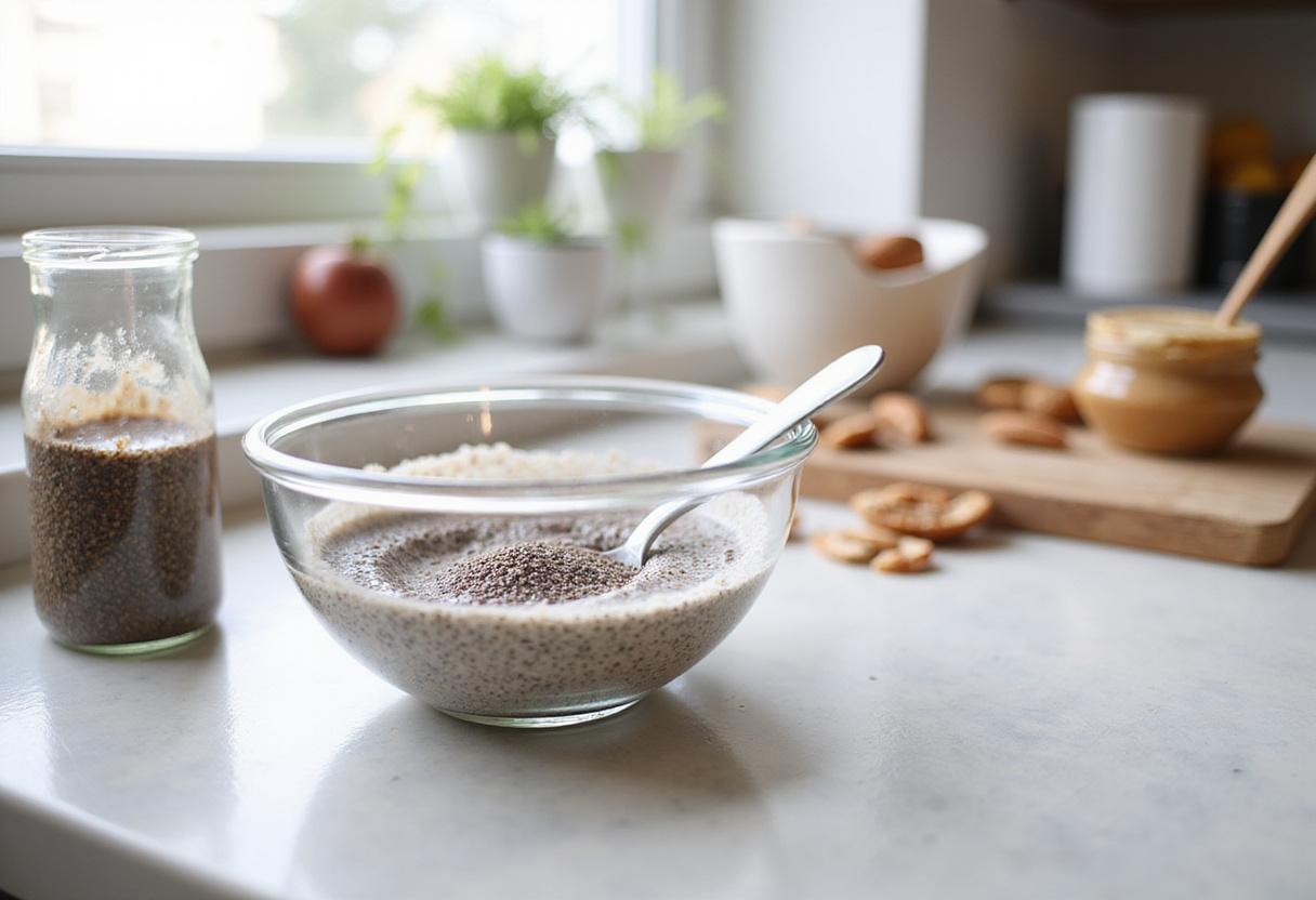 Chia pudding preparation with chia seeds and almond milk, ideal for healthy breakfast recipes.