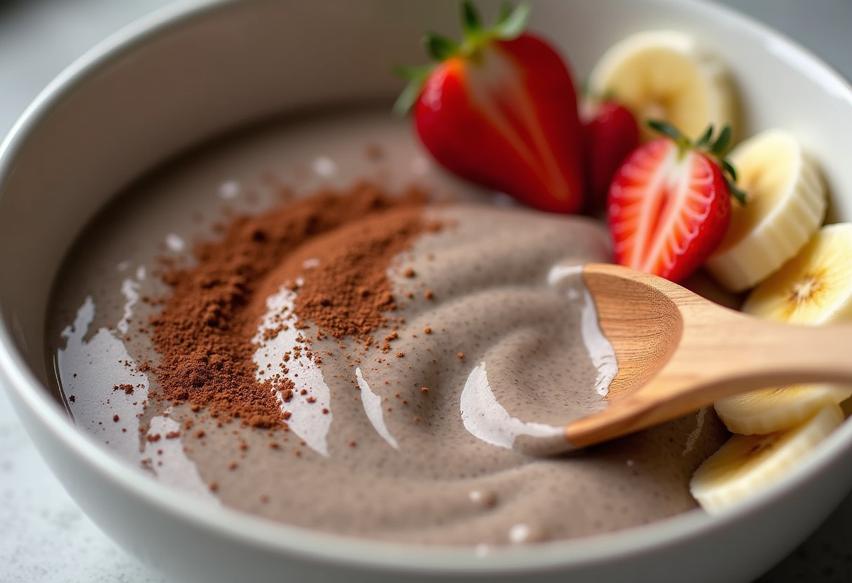 Creamy chia pudding being stirred, a nutritious choice for dessert topped with fresh fruits.