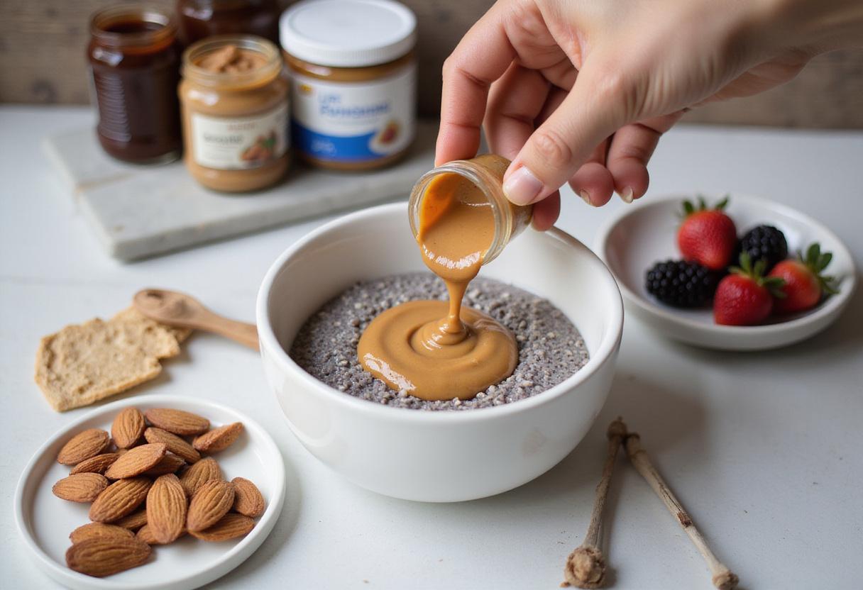 Nut butter being added to chia pudding, enhancing flavor with healthy toppings for a delicious treat.