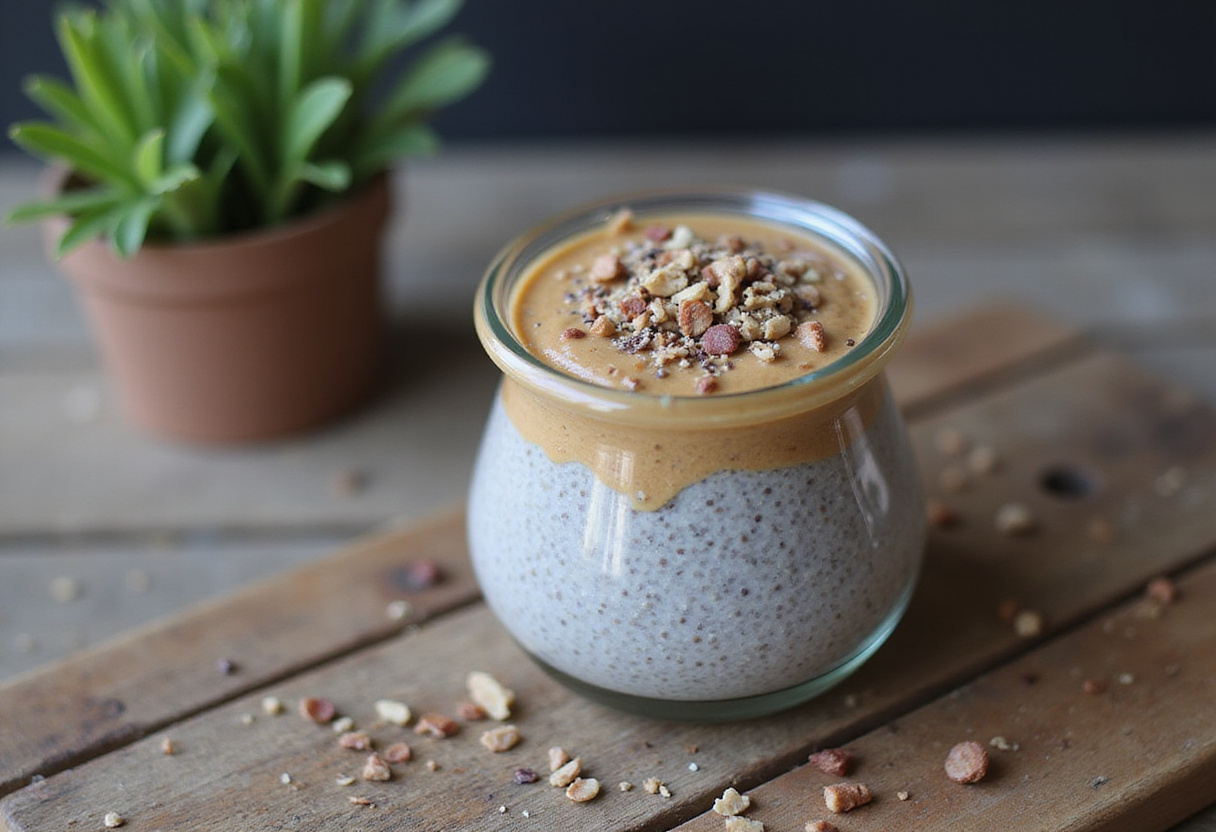 Chia pudding with nut butter served in a jar, showcasing a flavorful and healthy dessert option.