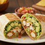 Close-up of a Chicken Avocado Ranch Burrito cut in half, displaying its vibrant fillings alongside a bowl of fresh salsa.