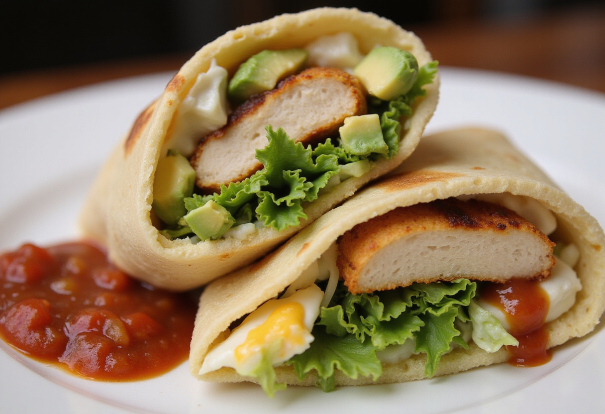 Close-up of a Chicken Avocado Ranch Burrito cut in half, displaying its vibrant fillings alongside a bowl of fresh salsa.