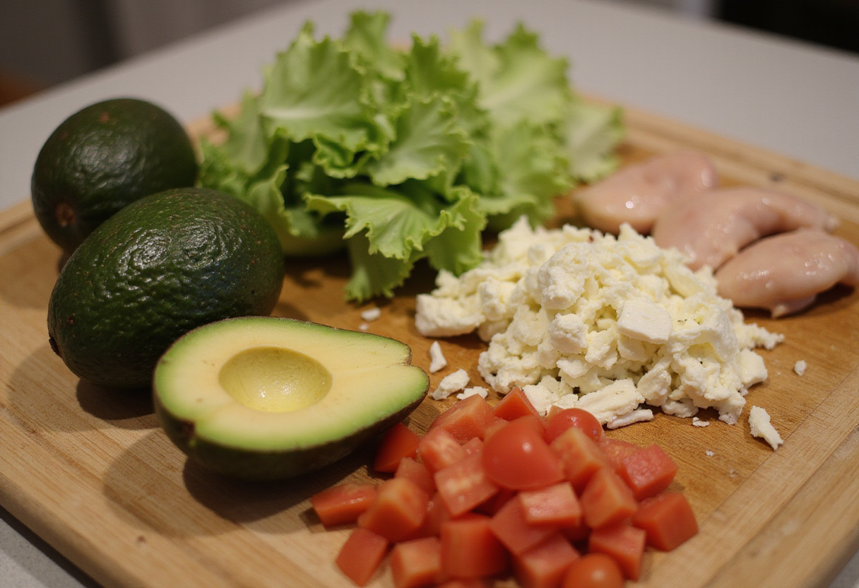 Fresh ingredients for Chicken Avocado Ranch Burritos, including avocados, tomatoes, lettuce, and cooked chicken on a wooden cutting board.