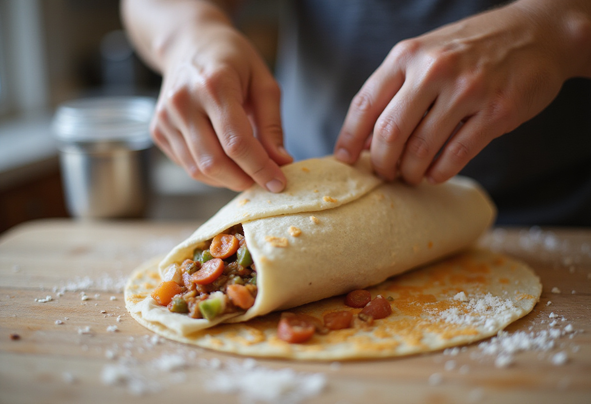 Skillfully rolled Chicken Avocado Ranch Burrito on a kitchen countertop, demonstrating the wrapping technique.
