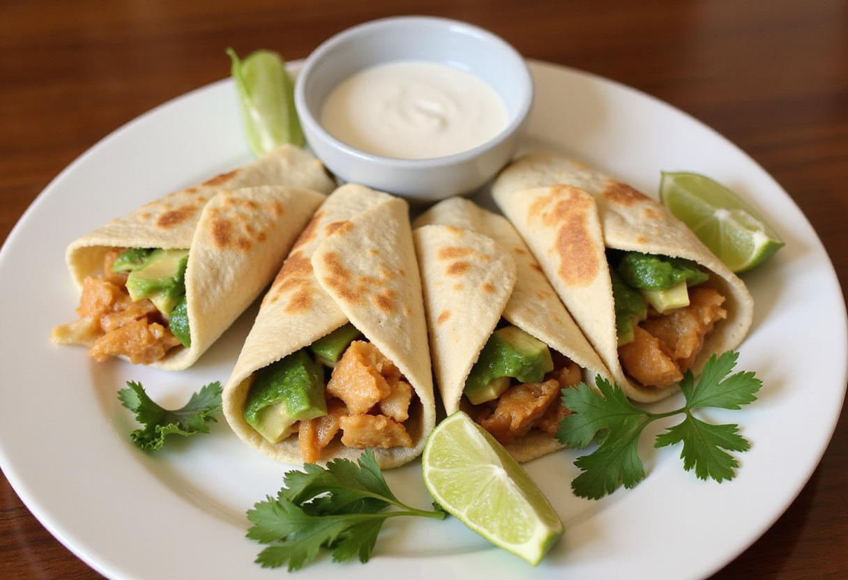 Delicious Chicken Avocado Ranch Burritos served on a plate with ranch dressing and garnished with cilantro and lime.