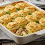 Beautifully baked Chicken & Biscuit Casserole, showcasing a golden biscuit topping and colorful filling, ideal for a cozy family meal.
