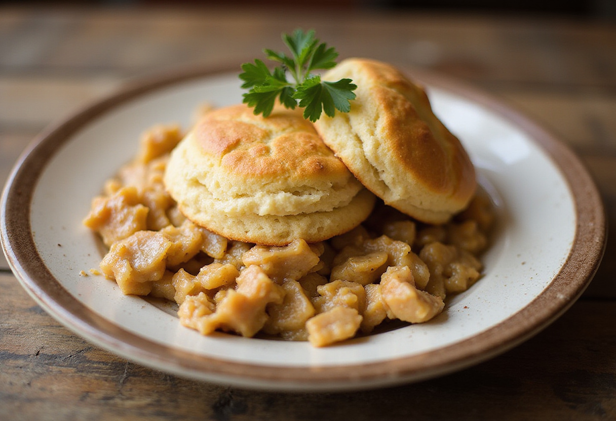 Beautifully baked Chicken & Biscuit Casserole, showcasing a golden biscuit topping and colorful filling, ideal for a cozy family meal.