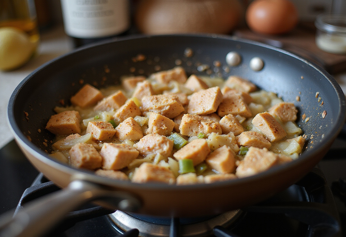 Sautéing diced chicken with onions and garlic for Chicken & Biscuit Casserole, a warm and comforting dish.