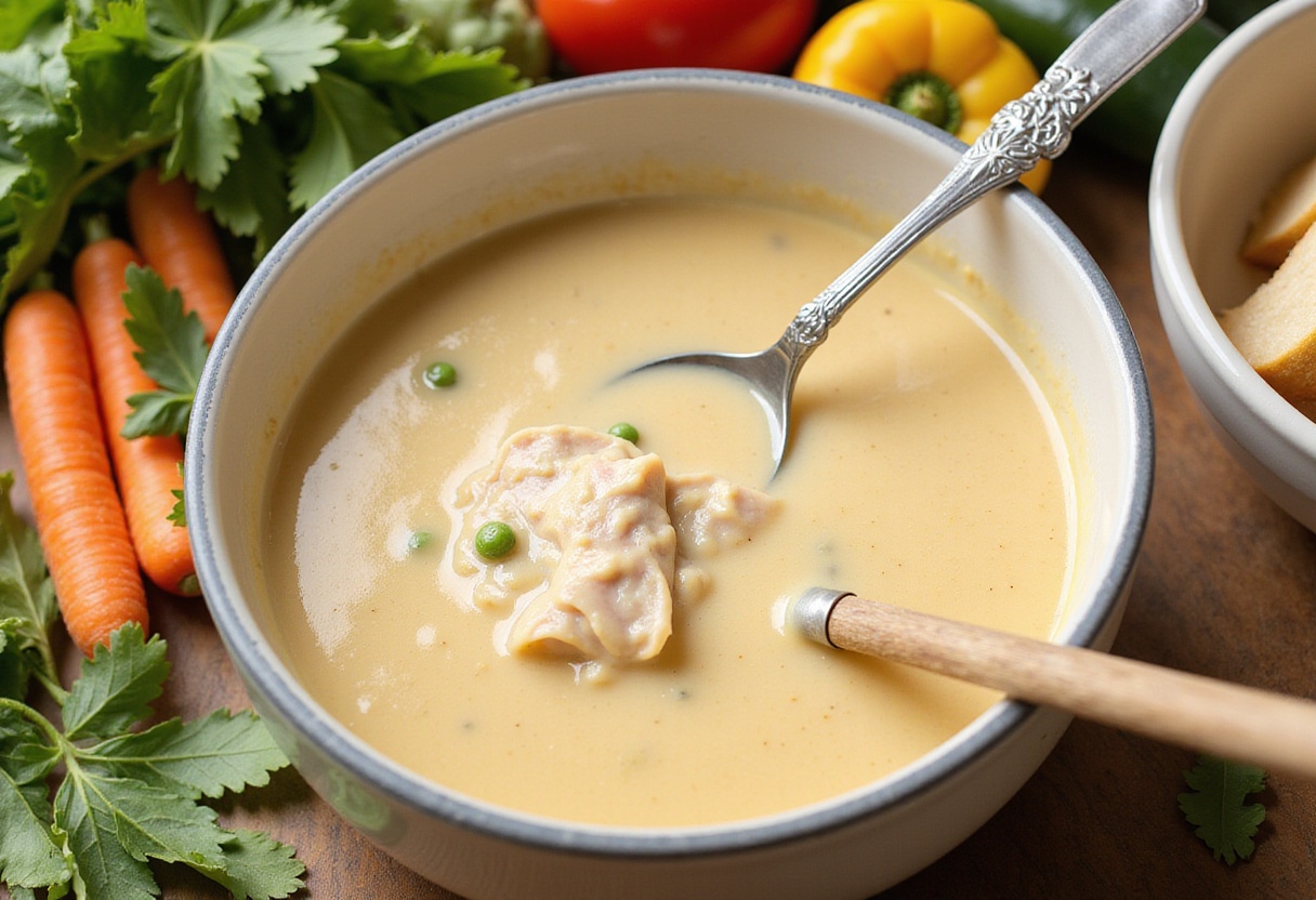 Preparing a creamy sauce for Chicken & Biscuit Casserole with chicken broth and vegetables, gathering flavors for the casserole dish.