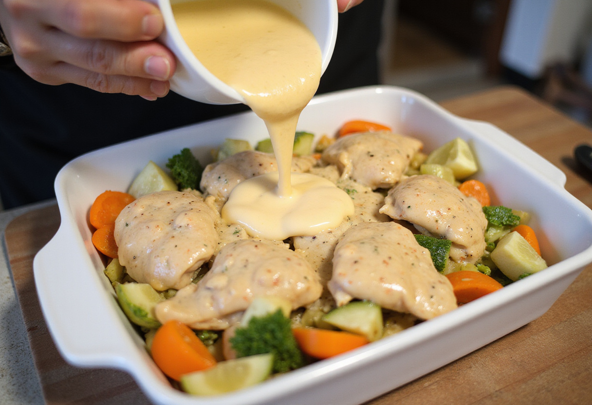 Combining creamy sauce with chicken and vegetables in a baking dish for Chicken & Biscuit Casserole, ensuring a delicious comfort meal.