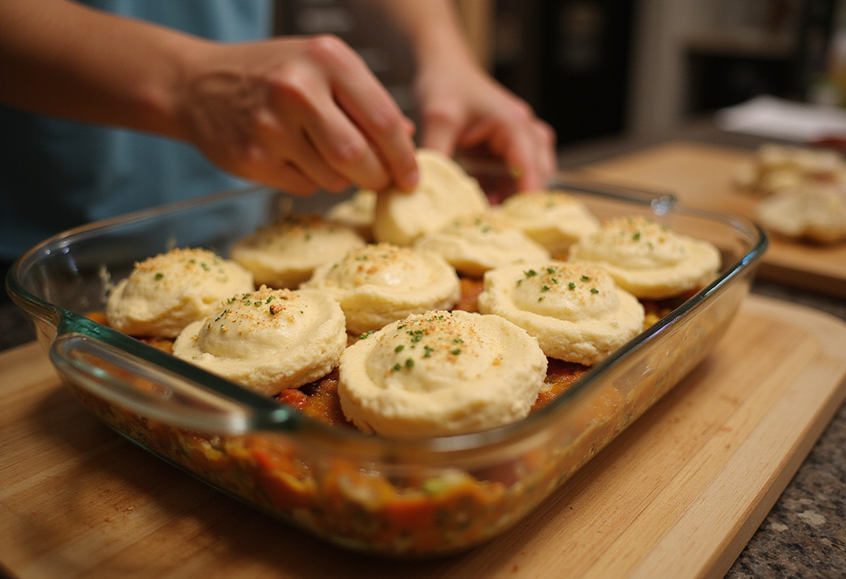 Adding biscuit dough on top of the Chicken & Biscuit Casserole, enhancing the dish with a golden crust during baking.