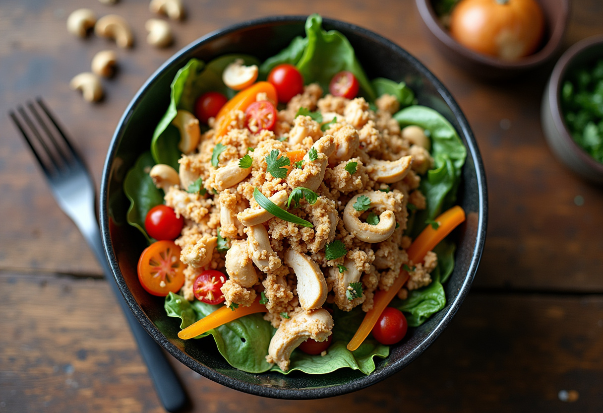 Overhead view of the delicious Chicken Cashew Crunch Salad featuring vibrant layers of chicken, vegetables, and cashews in a stylish bowl.