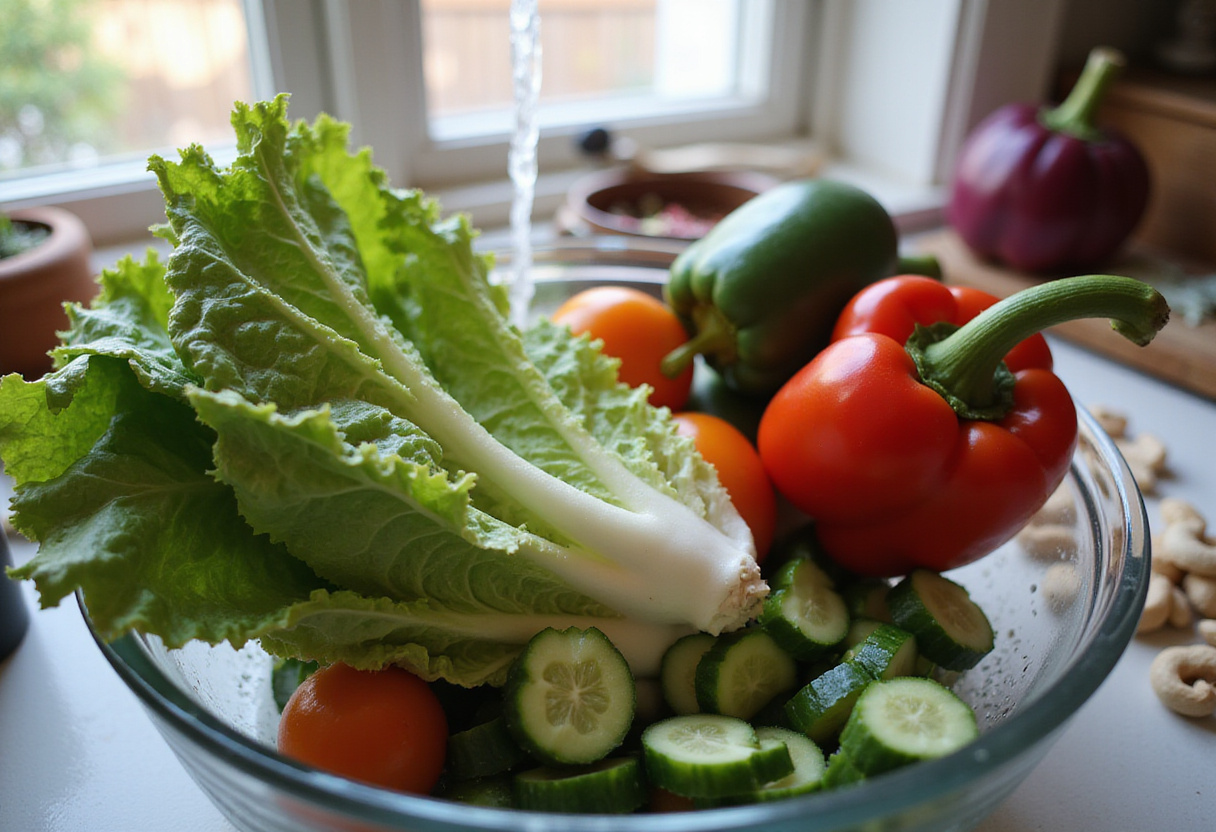 Preparing fresh vegetables for Chicken Cashew Crunch Salad, including crisp lettuce and red bell peppers, in a vibrant kitchen.