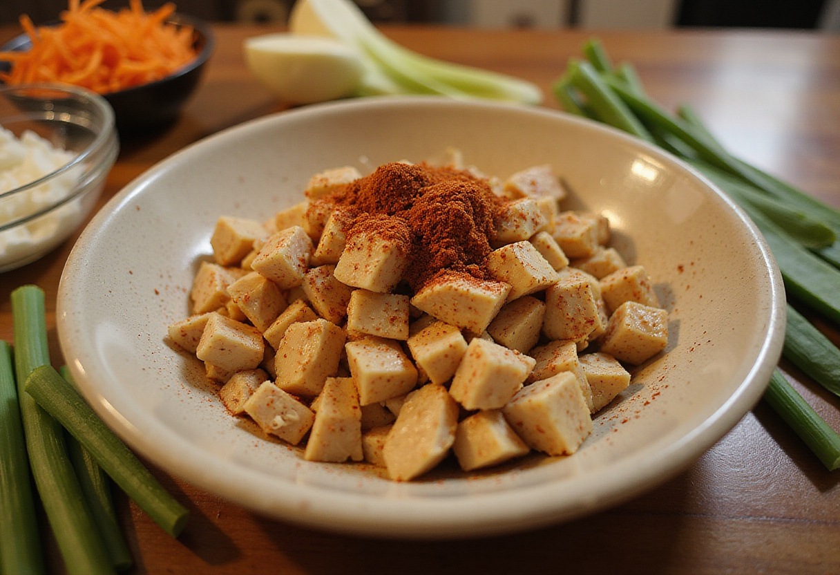 Mixing diced cooked chicken with spices and other salad ingredients for a flavorful Chicken Cashew Crunch Salad on a wooden countertop.